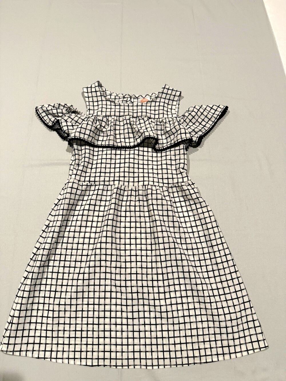Wonder Nation Girls M (7-8) Black White Check A-Line Cold Shoulder Ruffle Dress